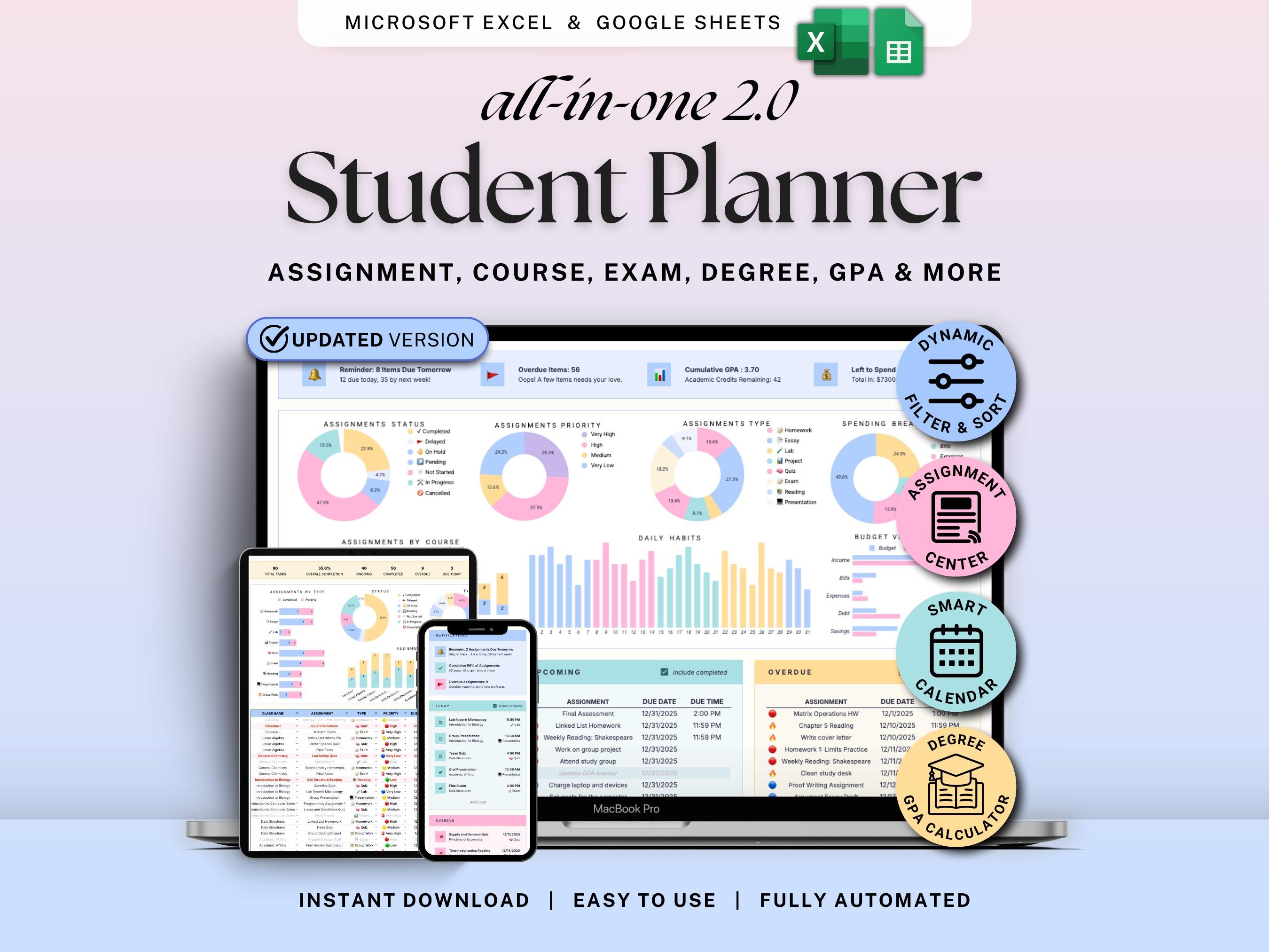 Academic Student Planner Google Sheets Excel Assignment Tracker ...