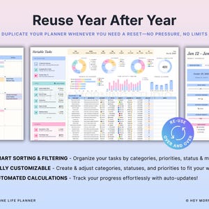 May include: A digital planner with a pastel color scheme, featuring calendars, charts, and task lists. The text "Reuse Year After Year" is displayed, along with features like smart sorting, customization, and automated calculations. The planner is designed for easy duplication.