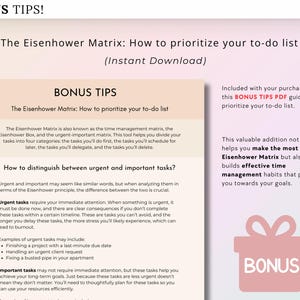 Puede incluir: Un gr&aacute;fico rosa y blanco con el texto "BONUS TIPS!" y "The Eisenhower Matrix: How to prioritize your to-do list (Instant Download)". El gr&aacute;fico explica c&oacute;mo usar la Matriz de Eisenhower para priorizar las tareas. El gr&aacute;fico tambi&eacute;n incluye una caja de regalo rosa con el texto "BONUS" en ella.