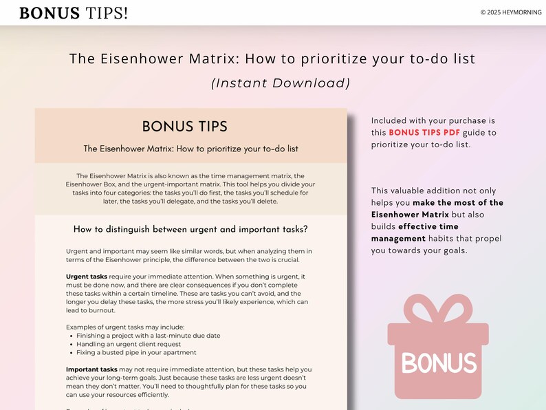 Puede incluir: Un gr&aacute;fico rosa y blanco con el texto "BONUS TIPS!" y "The Eisenhower Matrix: How to prioritize your to-do list (Instant Download)". El gr&aacute;fico explica c&oacute;mo usar la Matriz de Eisenhower para priorizar las tareas. El gr&aacute;fico tambi&eacute;n incluye una caja de regalo rosa con el texto "BONUS" en ella.