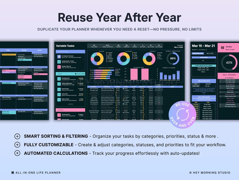 以下が含まれることがあります： 暗い背景とカラフルなグラフを備えたデジタルプランナー。「Reuse Year After Year」のテキストが上部にあります。可変タスクと週ごとのスケジュール、進捗インジケーター、自動計算のセクションが含まれています。