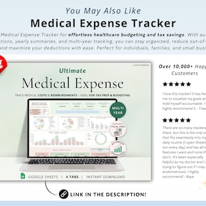 May include: A laptop displays a medical expense tracker with charts and graphs. The text reads "Ultimate Medical Expense" and "Track Medical Costs & Reimbursements." The image includes the text "Google Sheets | 4 Tabs | Instant Download" and "Best Seller."