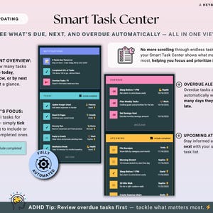 May include: A digital interface for a Smart Task Center, displaying task management features. The design includes sections for instant overview, today's focus, overdue alerts, and upcoming tasks. The interface is fully automated and auto-updating.