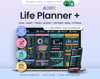 Planificateur de vie pour le TDAH, mode sombre, Google Sheets, suivi du budget, planificateur quotidien Excel, programme de planification de repas avec blocage du temps hebdomadaire, modèle de productivité