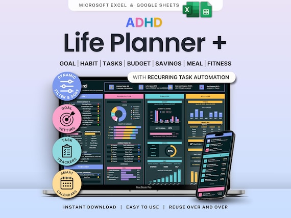 ADHD Life Planner Dark Mode Google Sheets Budget Tracker Excel Daily Planner Weekly Time Blocking Meal Planner Productivity Template Routine