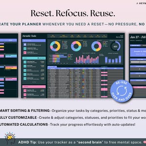 May include: Digital planner with a dark background and colorful charts. The text "Reset. Refocus. Reuse." is at the top. Features include smart sorting, full customization, and automated calculations. The planner is designed to help organize tasks and track progress.