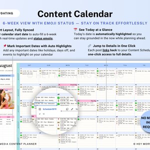 Op de afbeelding: Een digitale contentkalender met een 6-wekelijkse weergave, emoji-status en automatische updatefuncties. De kalender bevat een slimme lay-out, synchronisatiemogelijkheden en markeert belangrijke datums. De tekst luidt "Content Calendar".