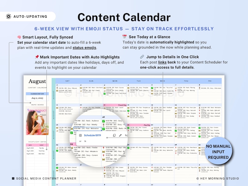 Op de afbeelding: Een digitale contentkalender met een 6-wekelijkse weergave, emoji-status en automatische updatefuncties. De kalender bevat een slimme lay-out, synchronisatiemogelijkheden en markeert belangrijke datums. De tekst luidt "Content Calendar".