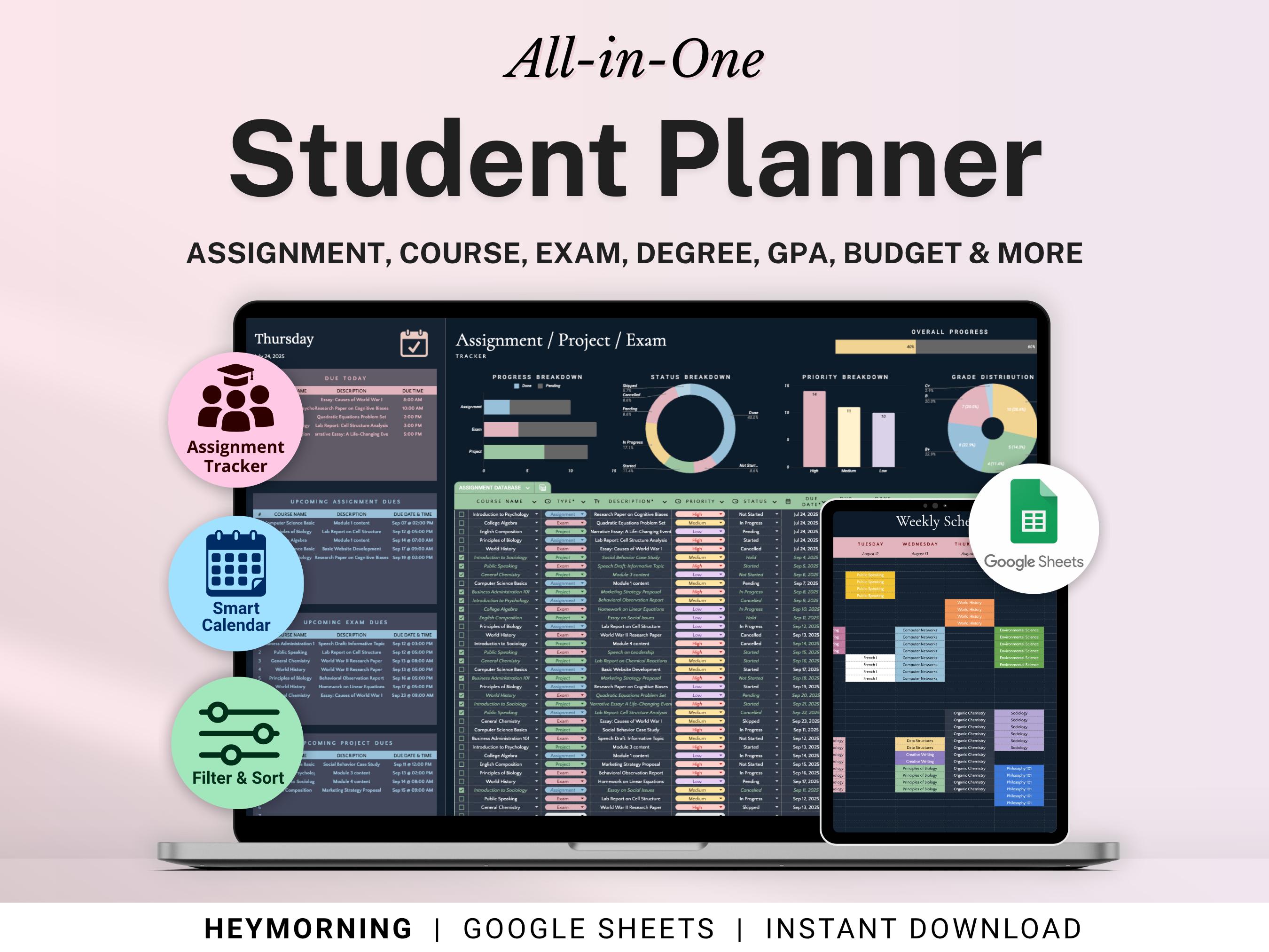 Student Planner Spreadsheet Dark Mode Assignment Tracker Google Sheets ...