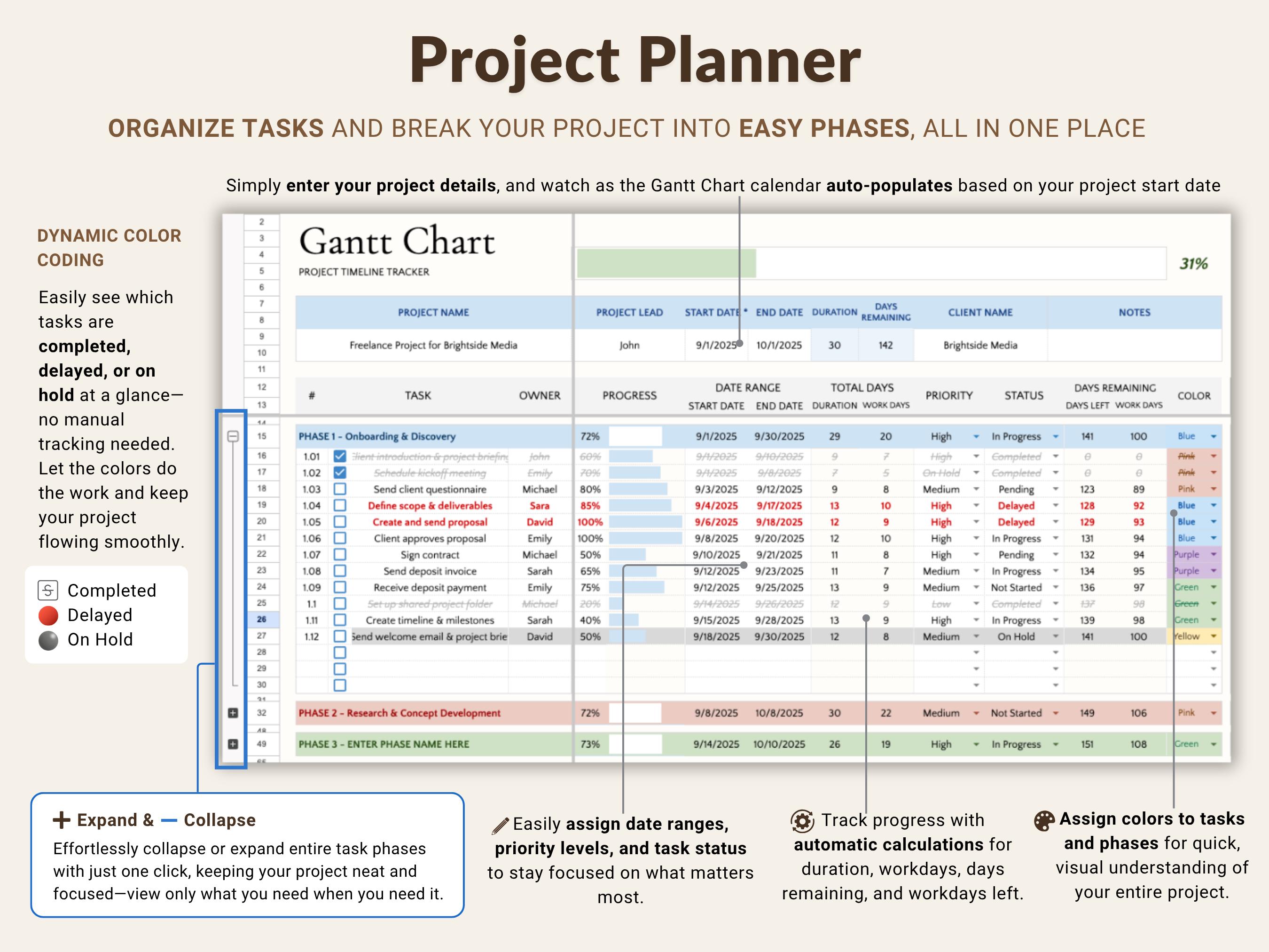 Project Timeline Tracker Gantt Chart Google Sheets Project Planner Task ...
