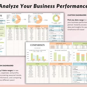 May include: A colorful spreadsheet template for analyzing business performance. The template includes sections for income, expenses, and cash flow, as well as charts and graphs for visualizing data. The template is designed to help businesses track their progress and make informed decisions.