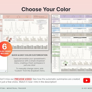 May include: A digital spreadsheet template with the text "Choose Your Color" and "Quick & Easy Color Customization." The image shows six color themes and a preview video link. The template is for an AIO symptom and menstrual tracker.