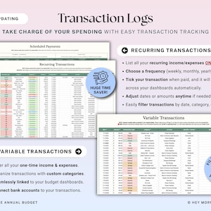 May include: A digital financial planning document titled "Transaction Logs" with sections for scheduled, recurring, and variable transactions. The document includes instructions for tracking income and expenses, with options to filter and sort data.