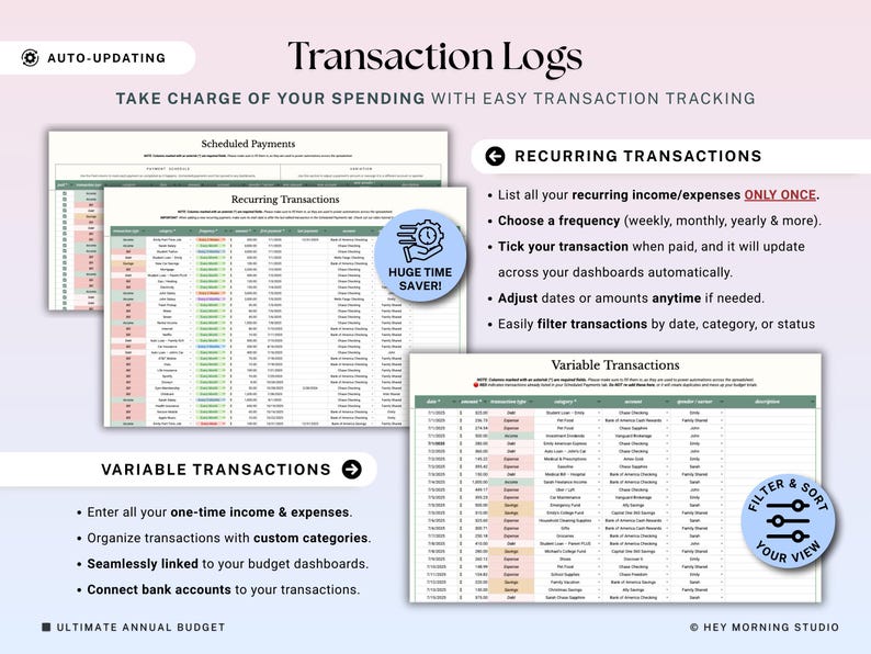 May include: A digital financial planning document titled "Transaction Logs" with sections for scheduled, recurring, and variable transactions. The document includes instructions for tracking income and expenses, with options to filter and sort data.