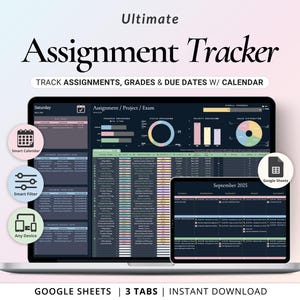Monitoraggio dei compiti Fogli Google Modalità scura Planner studente Foglio di calcolo Compiti d'esame Monitoraggio della valutazione Calendario accademico Planner di studio