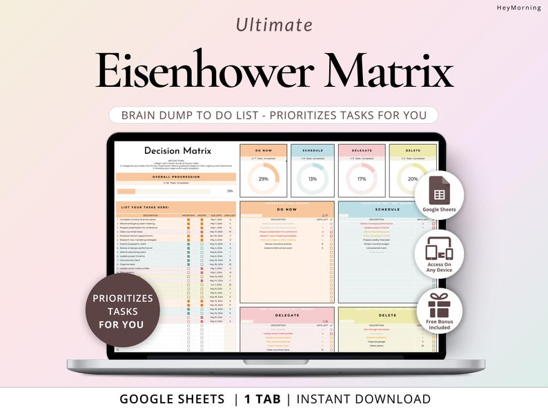 Eisenhower Decision Matrix, Task Priority Matrix; Automatically prioritize your many tasks based on urgency & importance; Lifetime usability; Organize & track up to 80 tasks; Color-coded tasks list reminds you of overdue tasks; Bonus tips included