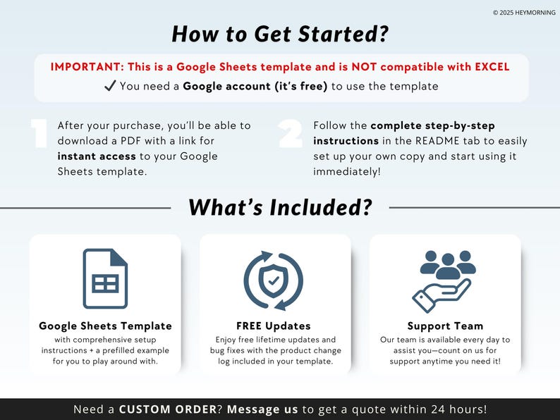 May include: Informational graphic with the title "How to Get Started?" and the text "IMPORTANT: This is a Google Sheets template." Includes icons for Google Sheets Template, Free Updates, and Support Team. The graphic also states that a Google account is needed.