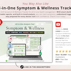 May include: A Google Sheets template for tracking symptoms, medications, triggers, self-care, and wellness. The template includes a YouTube tutorial and is designed to help manage chronic conditions or monitor overall wellness. The image also includes a screenshot of the template, which shows a variety of charts and graphs.
