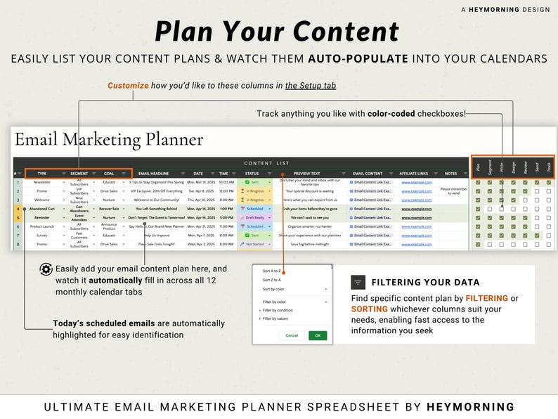 Email Content Calendar Spreadsheet Email Marketing Planner Google Sheets Email Newsletter Schedule Template Digital Email Ideas Organizer image 4