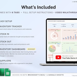 May include: A digital inventory management dashboard displayed on a laptop screen. The image includes text that says "What's Included" and lists features such as easy setup, inventory tracking, and stock management. Includes a YouTube demo video.