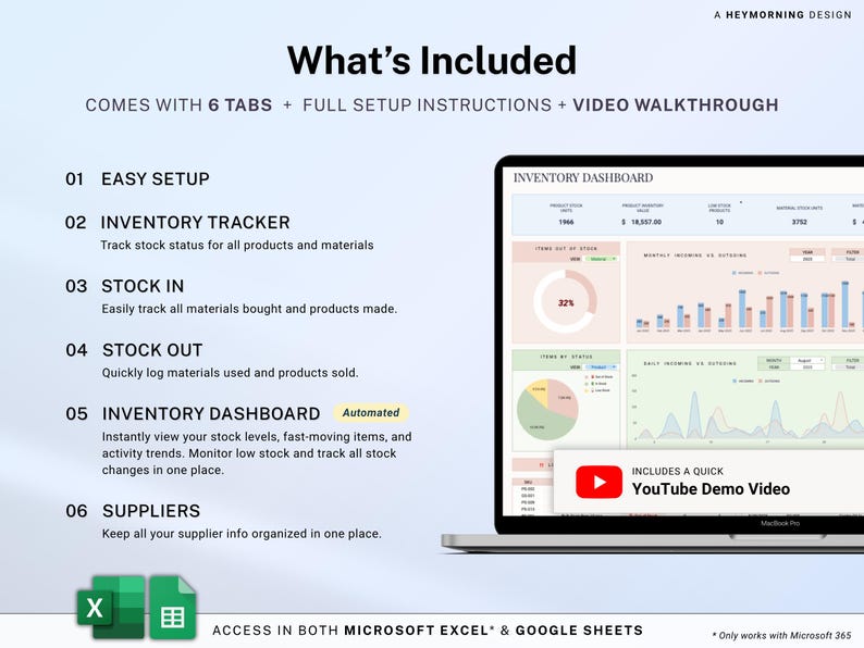 May include: A digital inventory management dashboard displayed on a laptop screen. The image includes text that says "What's Included" and lists features such as easy setup, inventory tracking, and stock management. Includes a YouTube demo video.