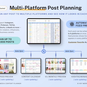 Op de afbeelding: Een digitale marketingafbeelding met de titel "Multi-Platform Post Planning". Het toont een tablet verbonden met vier kleinere tablets, elk met previews van social media content. Tekst bevat "Plan tot 10.000 berichten".
