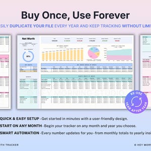 Pode incluir: Um rastreador digital de patrim&ocirc;nio l&iacute;quido com um layout claro, com gr&aacute;ficos e tabelas para rastreamento financeiro. O texto inclui "Buy Once, Use Forever" e "Quick & Easy Setup". O design usa detalhes em azul, rosa e verde.