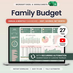 May include: A digital family budget spreadsheet template for Microsoft Excel and Google Sheets displayed on a laptop screen. The interface features sage green and soft pink color schemes, including charts, tables, 27 tabs, and recurring automation.