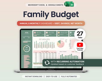 May include: A digital family budget spreadsheet template for Microsoft Excel and Google Sheets displayed on a laptop screen. The interface features sage green and soft pink color schemes, including charts, tables, 27 tabs, and recurring automation.