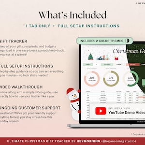 May include: A laptop screen displays a Christmas Gift Tracker spreadsheet with charts and data. The image includes text that says "What's Included" and "Ultimate Christmas Gift Tracker." A snowman graphic is on the left.