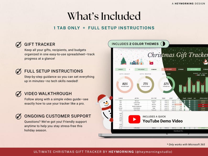 May include: A laptop screen displays a Christmas Gift Tracker spreadsheet with charts and data. The image includes text that says "What's Included" and "Ultimate Christmas Gift Tracker." A snowman graphic is on the left.