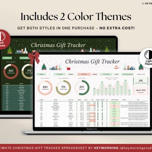 Peut inclure: Deux ordinateurs portables affichent une feuille de calcul Christmas Gift Tracker avec deux th&egrave;mes de couleurs : sombre et clair. La feuille de calcul comprend des visualisations de donn&eacute;es et une liste de cadeaux. Le texte "Includes 2 Color Themes" est en haut.