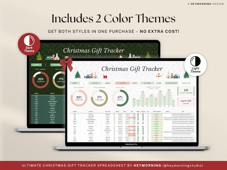 Peut inclure: Deux ordinateurs portables affichent une feuille de calcul Christmas Gift Tracker avec deux th&egrave;mes de couleurs : sombre et clair. La feuille de calcul comprend des visualisations de donn&eacute;es et une liste de cadeaux. Le texte "Includes 2 Color Themes" est en haut.