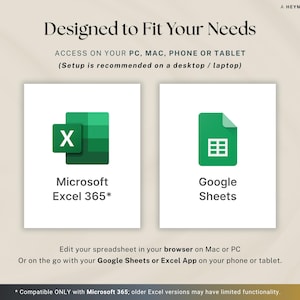May include: An image promoting spreadsheet software compatibility. It shows the text "Designed to Fit Your Needs" and icons for Microsoft Excel 365 and Google Sheets. The text indicates access on PC, Mac, phone, or tablet.