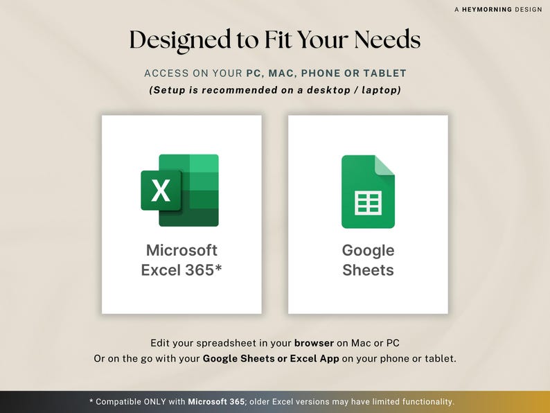 May include: An image promoting spreadsheet software compatibility. It shows the text "Designed to Fit Your Needs" and icons for Microsoft Excel 365 and Google Sheets. The text indicates access on PC, Mac, phone, or tablet.