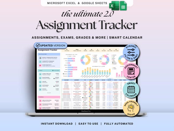 Assignment Tracker Google Sheets Excel Student Planner Spreadsheet School Assignment Homework Organizer Academic Calendar Study Tracker