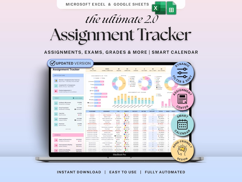 Assignment Tracker Google Sheets Excel Student Planner Spreadsheet School Assignment Homework Organizer Academic Calendar Study Tracker image 1