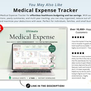 Puede incluir: Un producto digital para el seguimiento de los gastos m&eacute;dicos. La imagen muestra una pantalla de computadora port&aacute;til con una hoja de c&aacute;lculo, gr&aacute;ficos y diagramas. El texto en la pantalla dice "Ultimate Medical Expense" y "Track Medical Costs & Reimbursements - Ideal for Tax Prep & Budgeting". La imagen tambi&eacute;n incluye una insignia de mejor vendedor, una calificaci&oacute;n de cinco estrellas y testimonios de clientes.