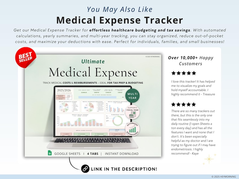 Puede incluir: Un producto digital para el seguimiento de los gastos m&eacute;dicos. La imagen muestra una pantalla de computadora port&aacute;til con una hoja de c&aacute;lculo, gr&aacute;ficos y diagramas. El texto en la pantalla dice "Ultimate Medical Expense" y "Track Medical Costs & Reimbursements - Ideal for Tax Prep & Budgeting". La imagen tambi&eacute;n incluye una insignia de mejor vendedor, una calificaci&oacute;n de cinco estrellas y testimonios de clientes.