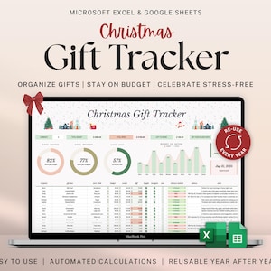 Puede incluir: Una MacBook Pro muestra una hoja de cálculo de seguimiento de regalos de Navidad. La pantalla muestra visualizaciones de datos y porcentajes. El texto incluye "Christmas Gift Tracker", "Organizar regalos", "Mantener el presupuesto" y "Reutilizable".