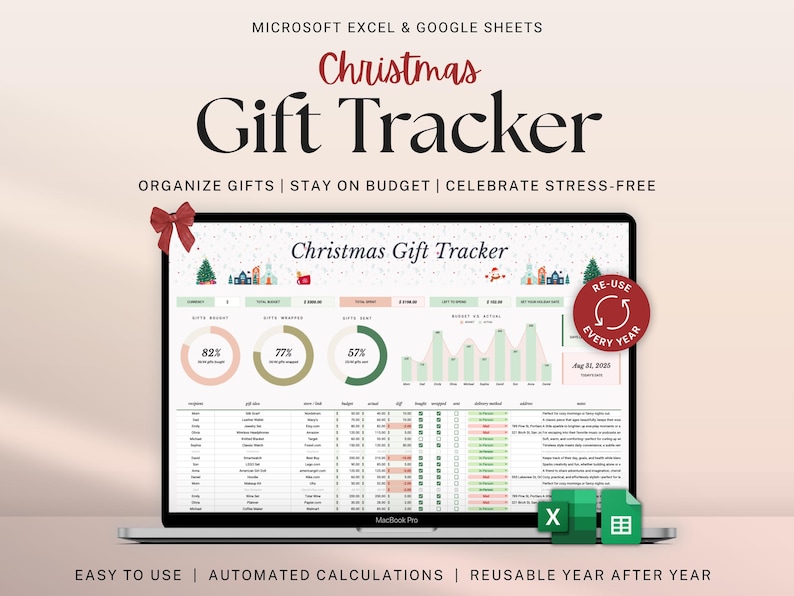 May include: A MacBook Pro displays a Christmas Gift Tracker spreadsheet. The screen shows data visualizations and percentages. Text includes "Christmas Gift Tracker", "Organize Gifts", "Stay on Budget", and "Reusable Year After Year".