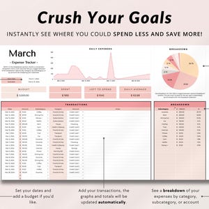 May include: A printable budget tracker with a pink and white colour scheme. The tracker includes a daily expense graph, a pie chart breakdown, and a table for recording transactions. The text "Crush Your Goals" is at the top of the page. The text "March - Expense Tracker -" is in the top left corner of the page.