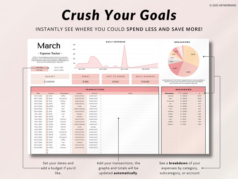 May include: A printable budget tracker with a pink and white colour scheme. The tracker includes a daily expense graph, a pie chart breakdown, and a table for recording transactions. The text "Crush Your Goals" is at the top of the page. The text "March - Expense Tracker -" is in the top left corner of the page.