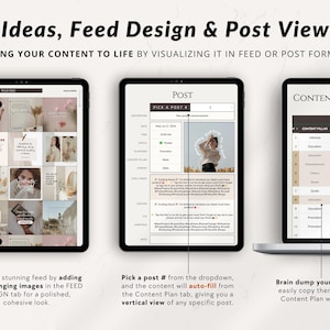 May include: A screenshot of a computer screen showing a social media feed design tool. The tool allows users to create a visual feed of content, including images and text, and to view individual posts in a vertical format. The tool also includes a content planning feature, which allows users to brainstorm and organize their content ideas.
