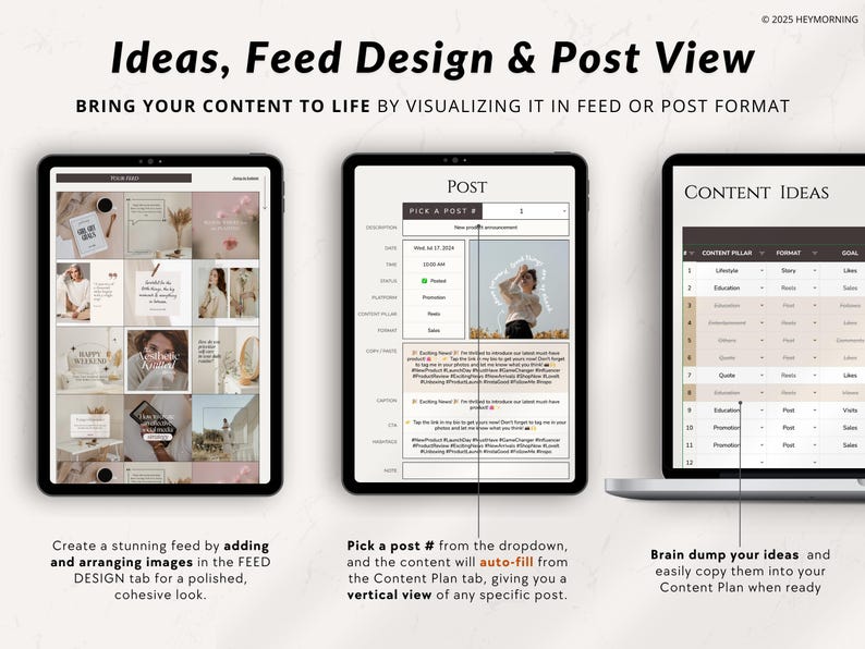 May include: A screenshot of a computer screen showing a social media feed design tool. The tool allows users to create a visual feed of content, including images and text, and to view individual posts in a vertical format. The tool also includes a content planning feature, which allows users to brainstorm and organize their content ideas.