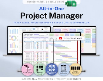 Project Management Spreadsheet Team Project Task Tracker Google Sheets Excel Timeline Planner Kanban Board Gantt Chart Eisenhower Matrix