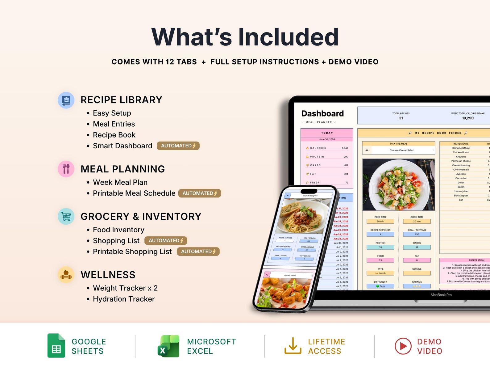 Weekly Meal Planner Spreadsheet Recipe Organizer Family Meal Prep ...