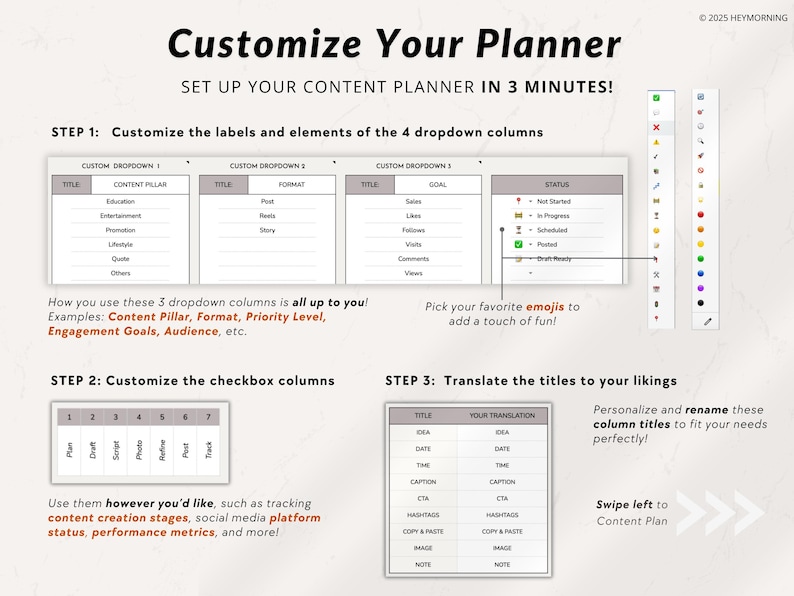 May include: A guide on how to customize a content planner. The image shows a step-by-step guide with instructions on how to customize the labels and elements of the dropdown columns, checkbox columns, and translate the titles to your liking. The image also includes emojis and a swipe left arrow to indicate the next step.
