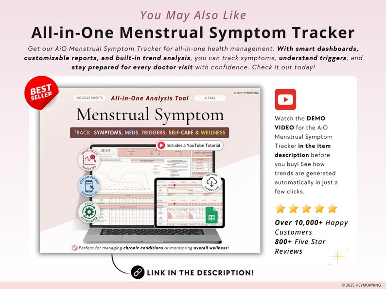 May include: A Google Sheets template for tracking menstrual symptoms, medications, triggers, self-care, and wellness. The template includes a YouTube tutorial and is perfect for managing chronic conditions or monitoring overall wellness. The image also includes a screenshot of the template, which shows a graph with data for the year 2024.