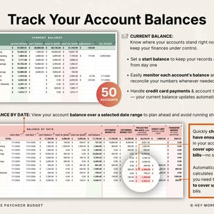 Puede incluir: Una herramienta digital de planificaci&oacute;n financiera con el texto "Track Your Account Balances". La imagen muestra una hoja de c&aacute;lculo con saldos de cuentas, un gr&aacute;fico de "50 cuentas" y texto que explica caracter&iacute;sticas como el seguimiento de saldos.
